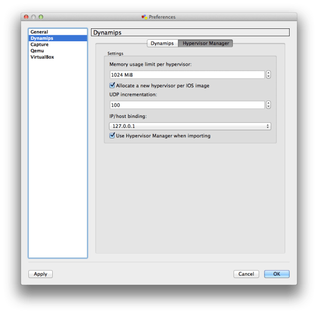 GNS3 Preferences - Dynamips - Hypervisor Manager