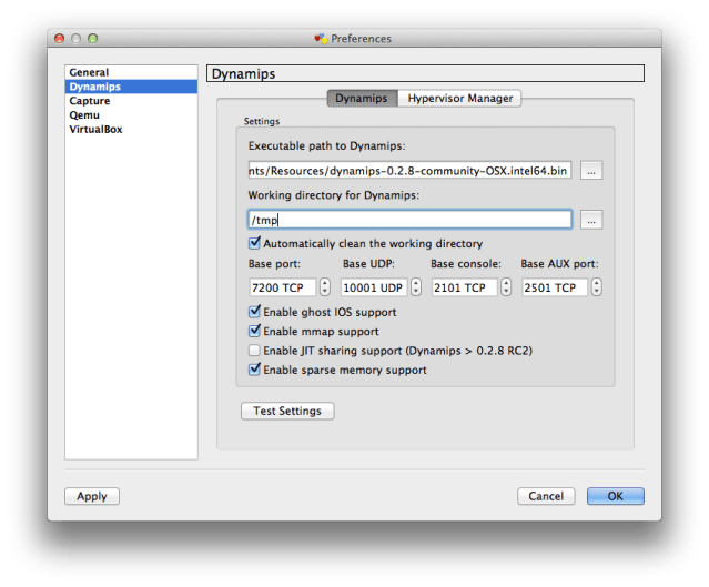 GNS3 Preferences-Dynamips Settings